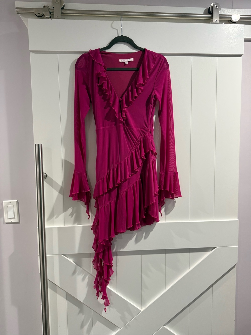Asymmetrical Ruffle Wrap Dress in Fuchsia - Women's